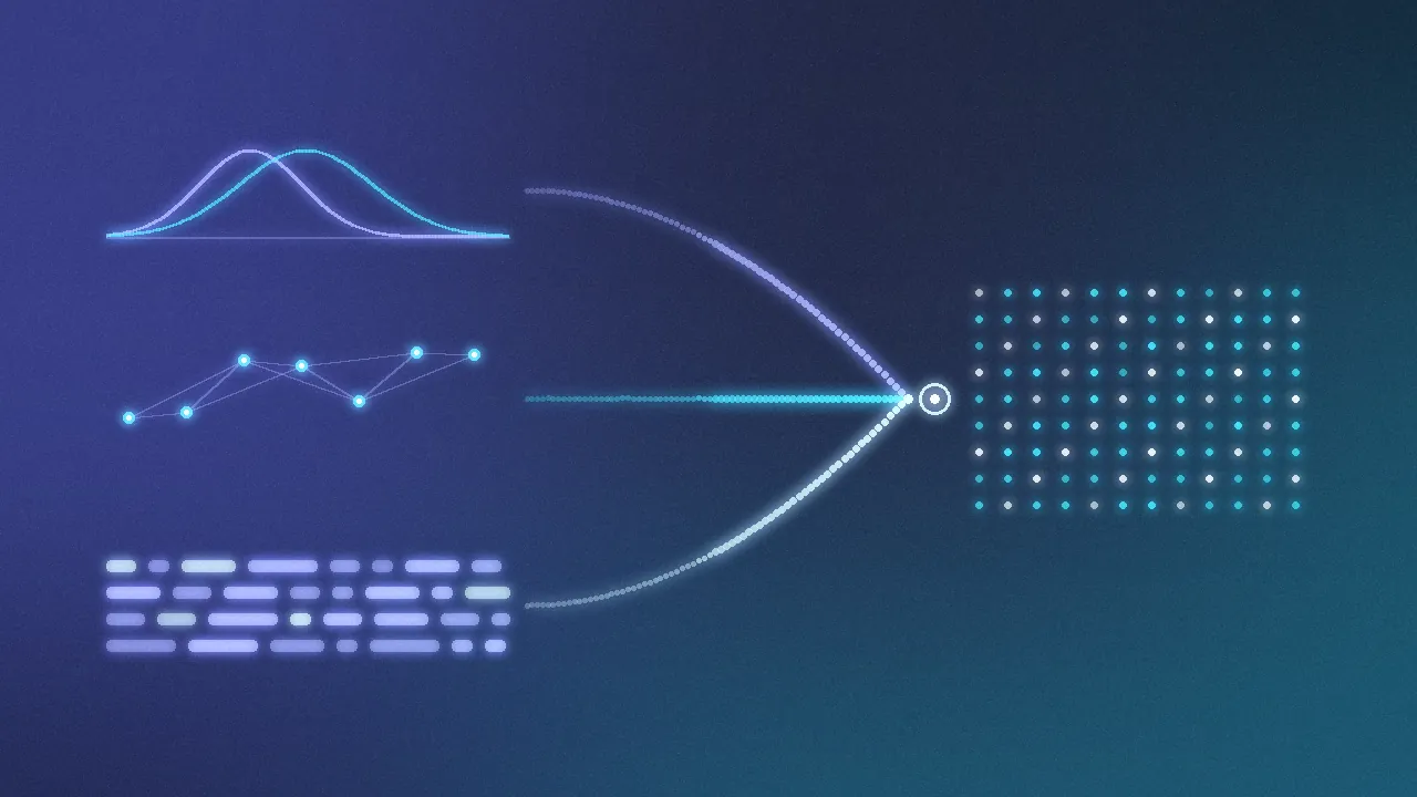 Three glowing data streams — distribution curves, a node graph, and lines of text — converging into one synthetic dataset