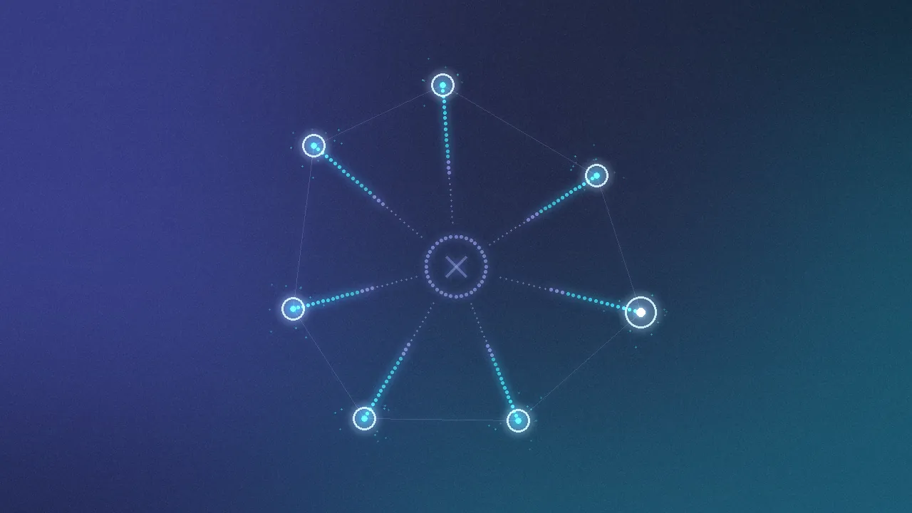 A dimmed, dotted node at the center with bright candidate nodes arranged around it, connections fanning outward
