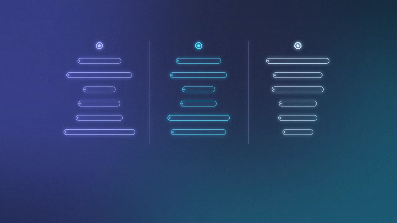 Three glowing scorecard columns, one per platform, divided by faint vertical lines