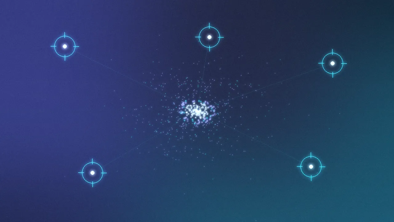 A dense data cluster with rare, bright outliers marked by crosshairs