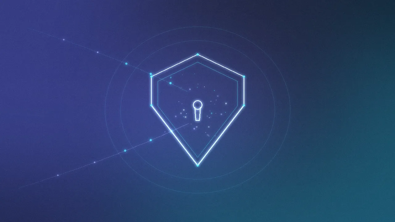 A glowing data shield with a keyhole, formed from synthetic data points